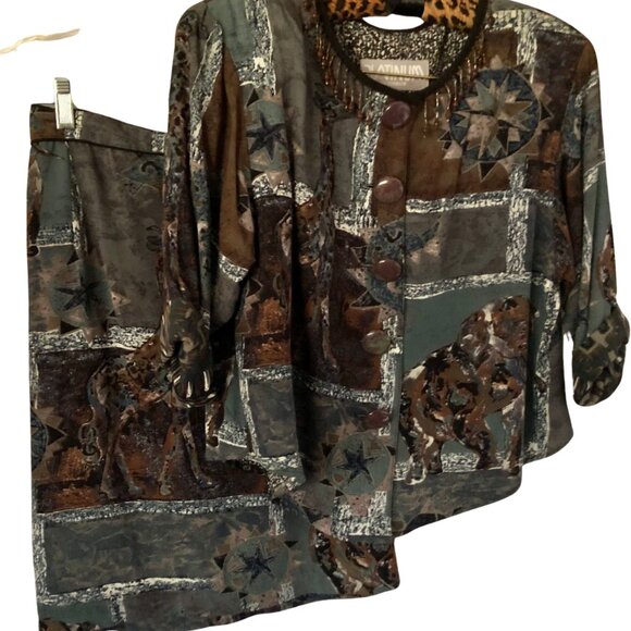 Vintage Platinum Dorothy Schoelen Skirt Set Jacket Top Skirt 2 pcs Sz S Safari - Picture 3 of 10